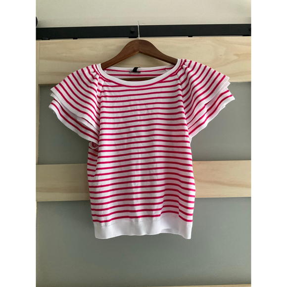 Express Tops - Express White & Hot Pink Striped Flutter Sleeve Knit Top Size